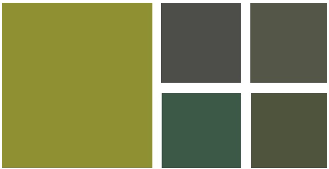 Fünf Quadrate mit verschiedenen Grüntönen