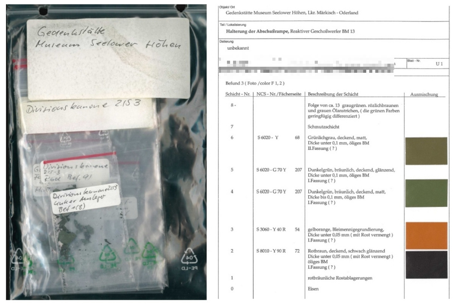 Beutel mit Lackproben und ein Befundprotokoll zur Farbschichtung des Geschosswerfers der Gedenkstätte