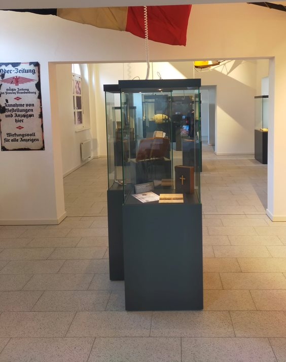 Der Blick fällt auf einige Vitrinen mit Exponaten in einem Ausstellungsraum