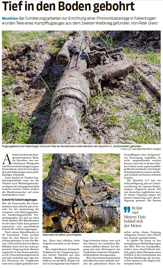 Das Digitalisat zeigt einen Zeitungsartikel, bei dem es um das Auffinden und Bergen der Kampfflugzeugüberreste geht